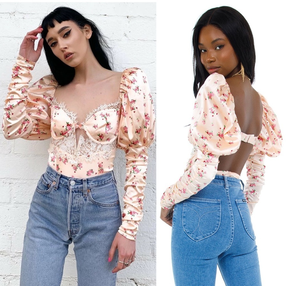 LOVE & LEMONS Floral Satin Ruched Long Sleeve Lace Sweetheart Neck Bodysuit XS